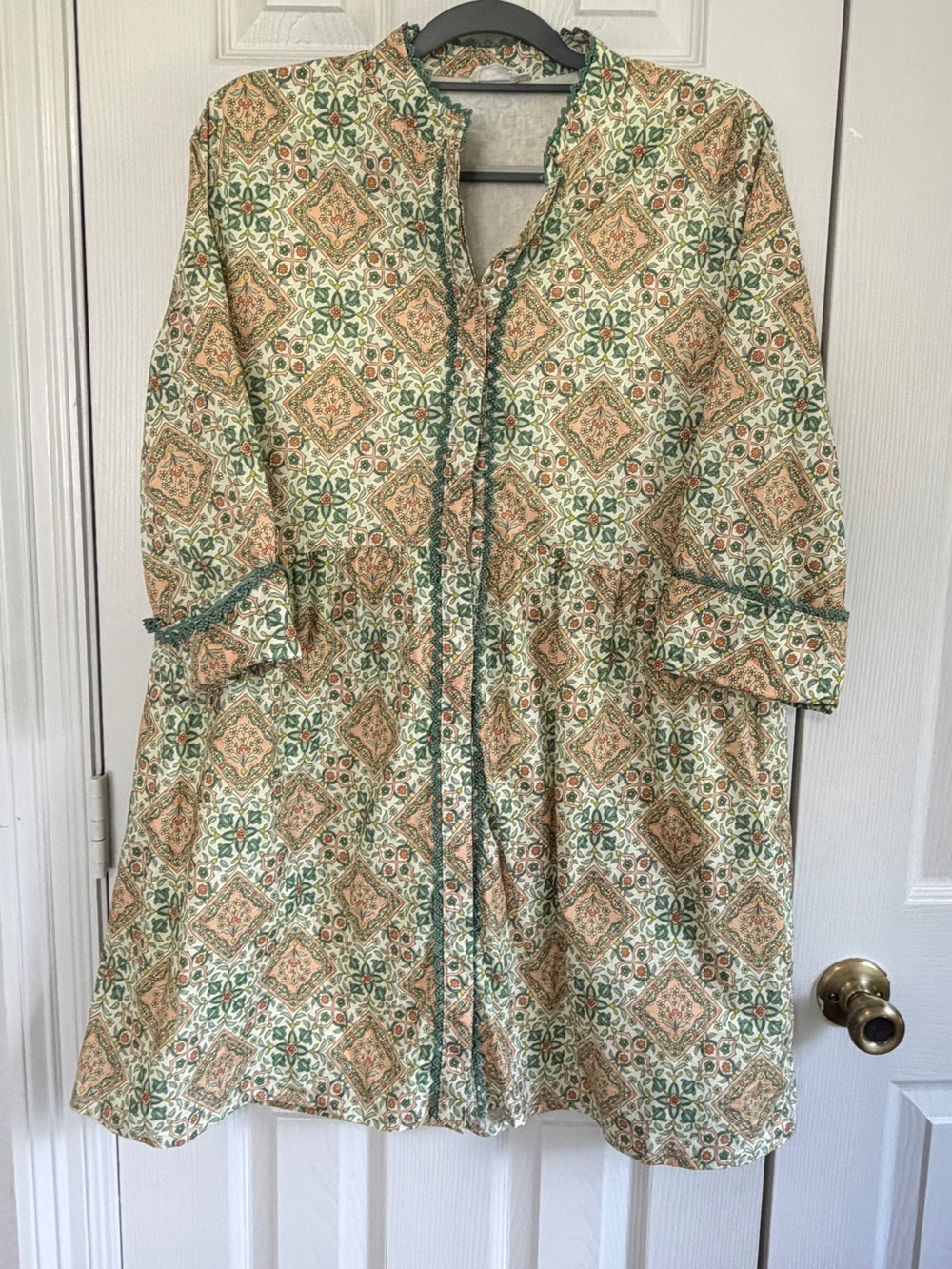 Shop The Mint Size L Boho Floral Tile Print Cotton Tunic Dress Crochet Trim